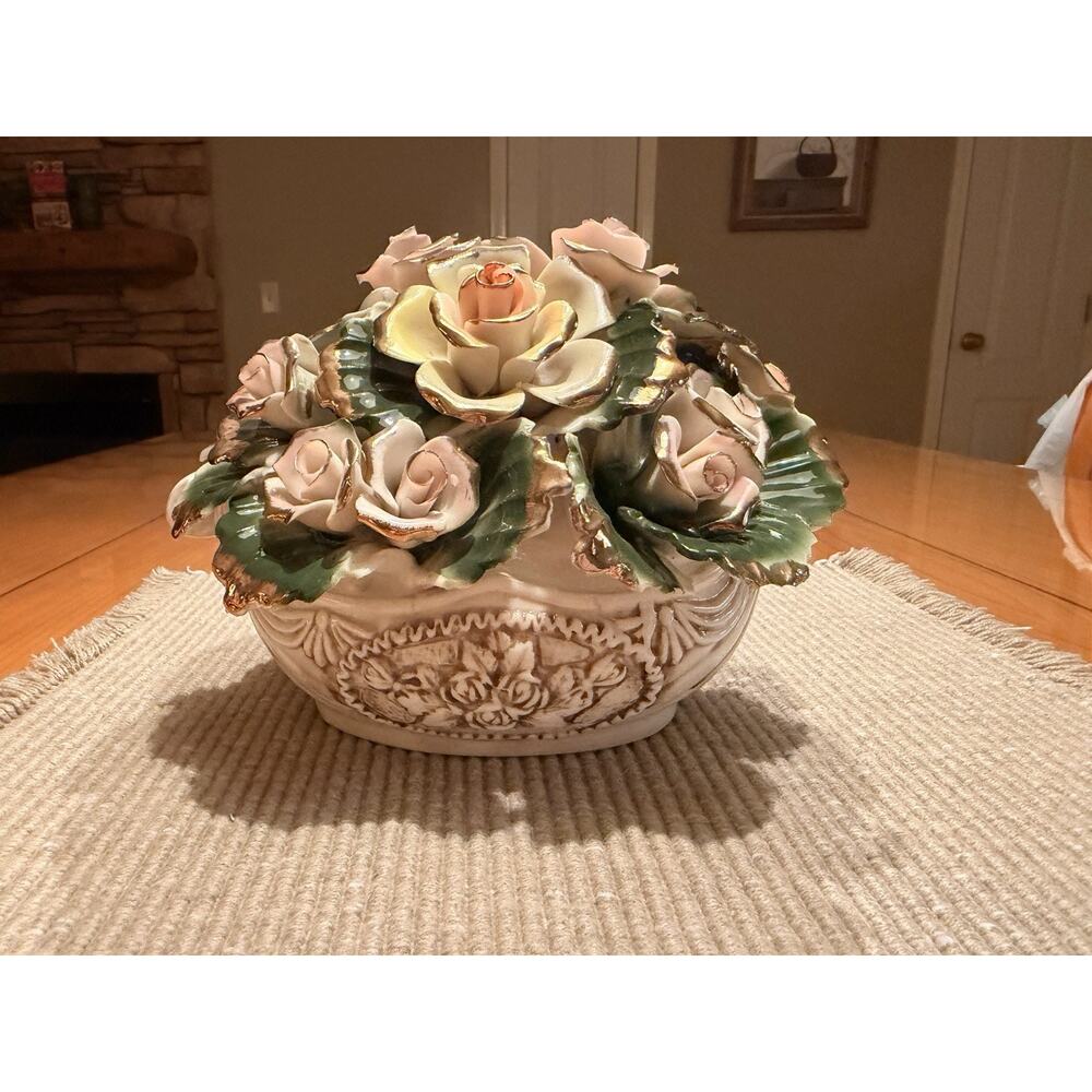 Vintage Capodimonte Style Porcelain Rose Centerpiece Bowl Gold Gilt Floral Italy